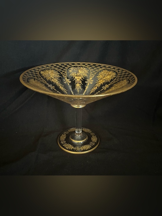 Other - Antique Early 1900 Bohemian Glass, Tazza/Compote Dish, Moser-style, Gold Gilding